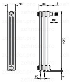 Схема (чертеж) Радиатор Zehnder Charleston 3280/3 №V008 Белый глянцевый RAL 9016